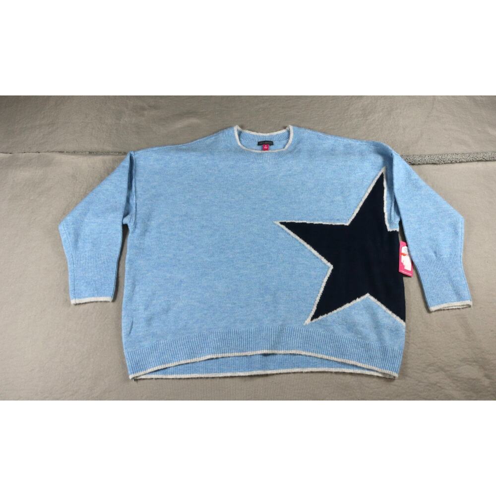 New Vince Camuto Sweater XL Blue Black Star Crewneck Pullover